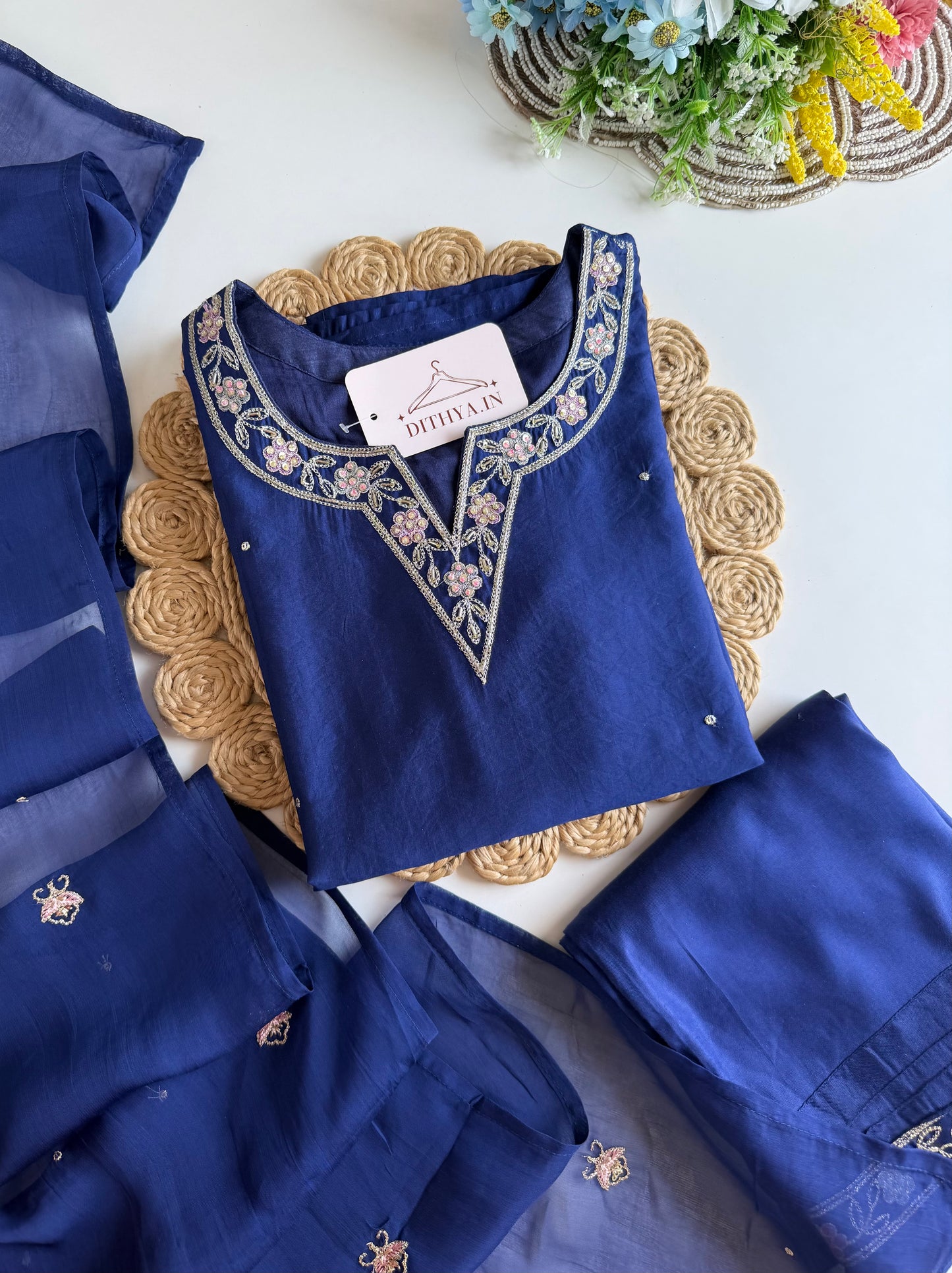 K679 - HO silk embroidered straight Kurti with pants and dupatta