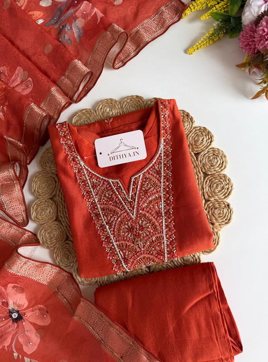 K060 - Roman silk handwork straight Kurti with pants and dupatta