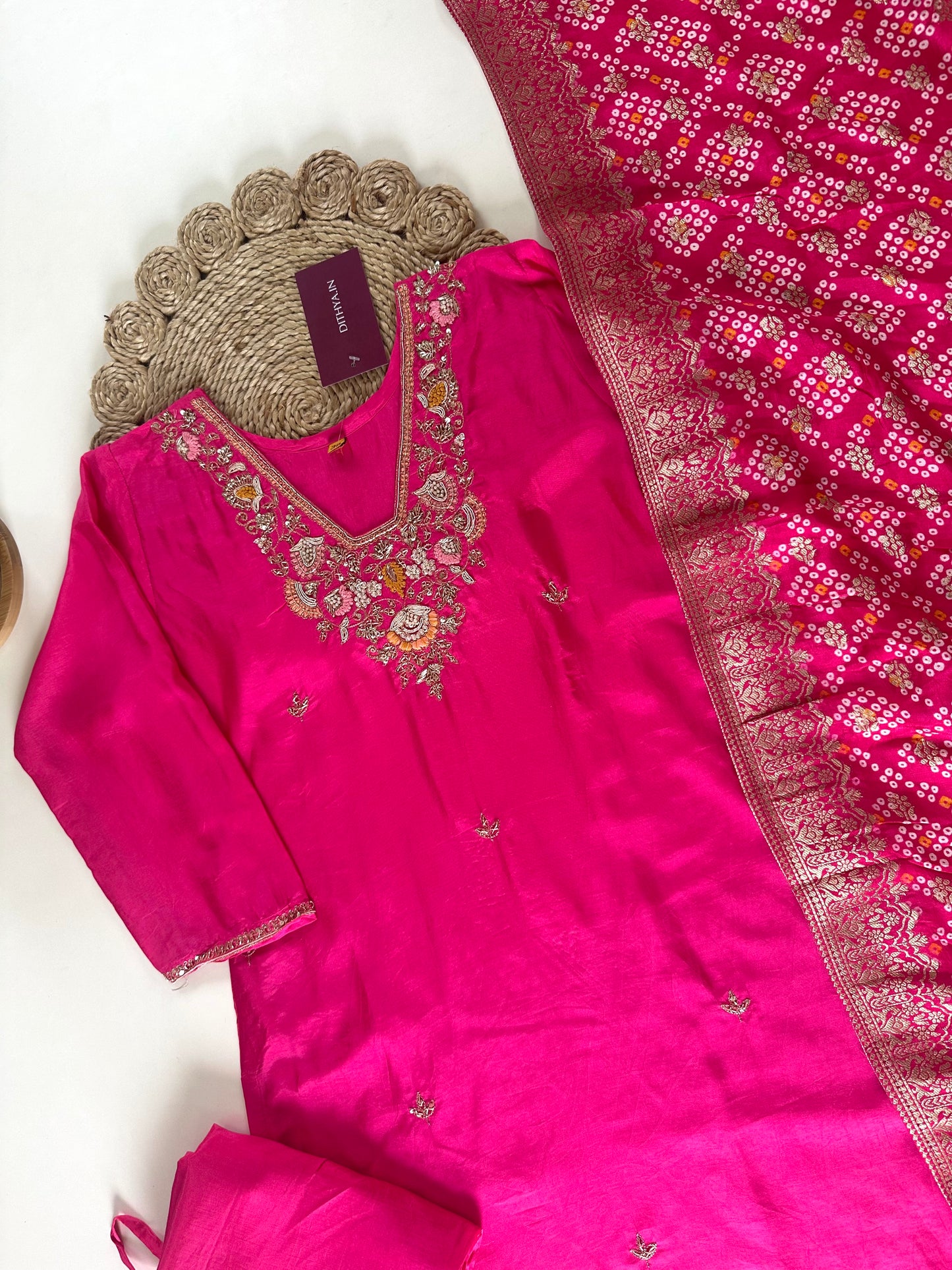 K124 - Russian silk Handwork straight kurti with pants and dupatta.