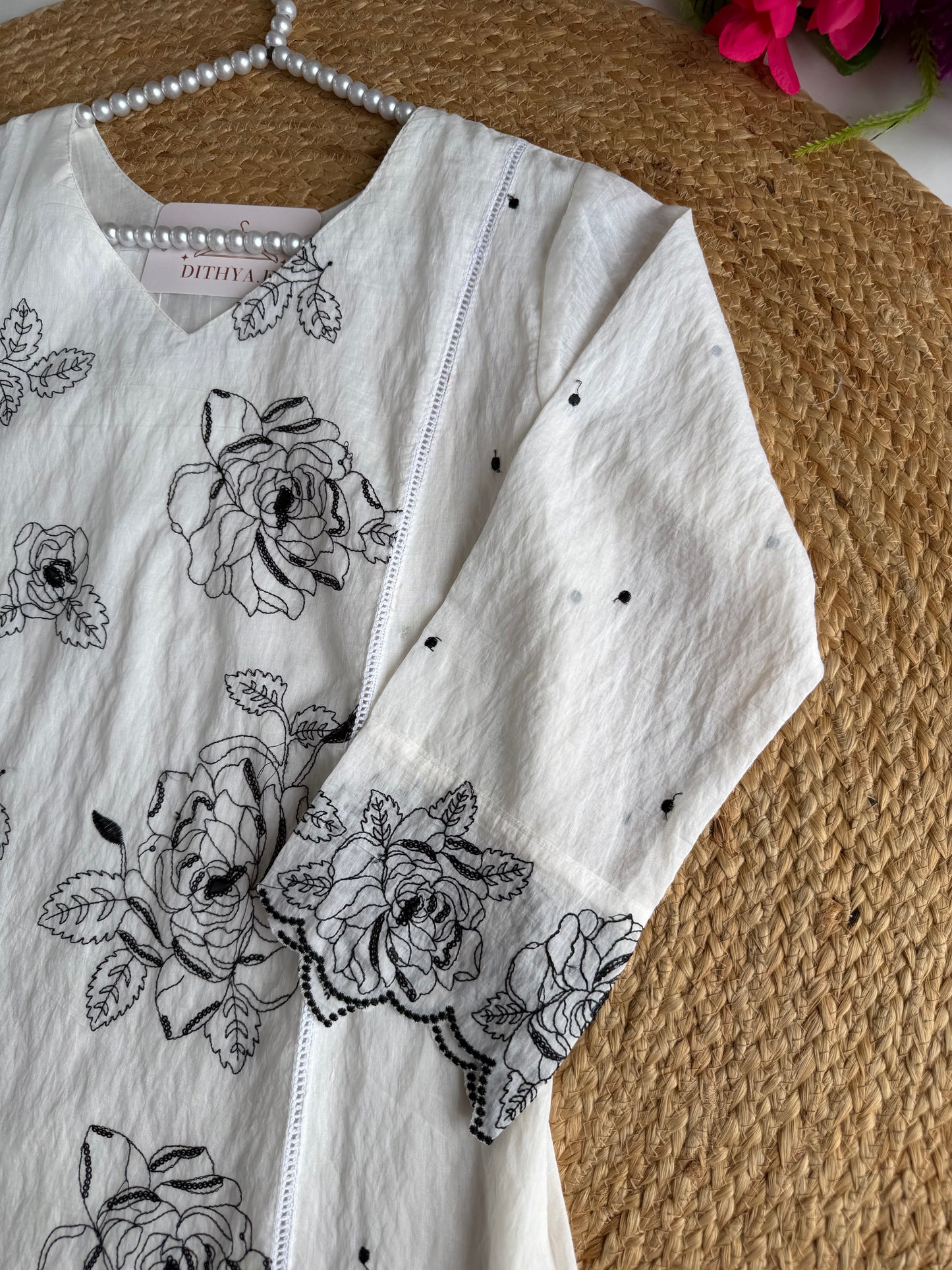 K065 - Crushed Surat Mul chanderi embroidered Aline Kurti with pants and dupatta