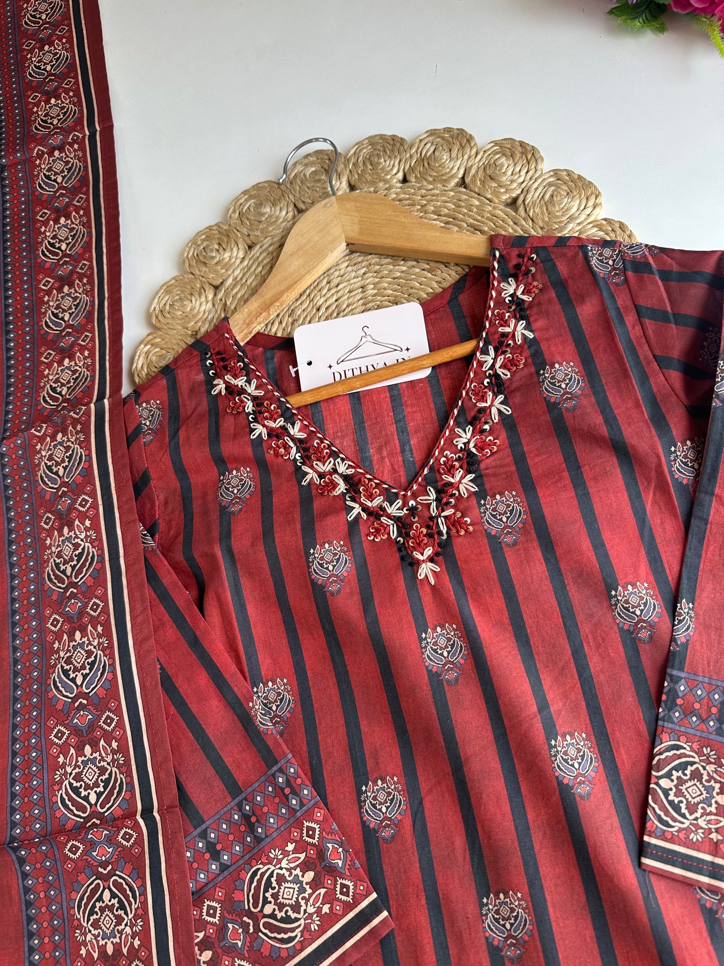 K189 - Mul cotton embroidered straight Kurti with pants and dupatta