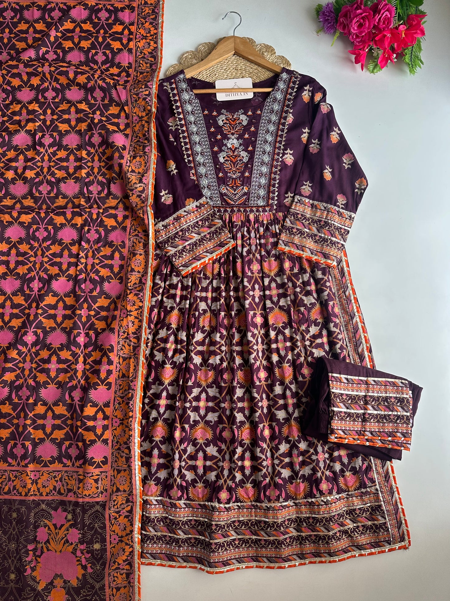 D604-Cotton Anarkali with pants and dupatta