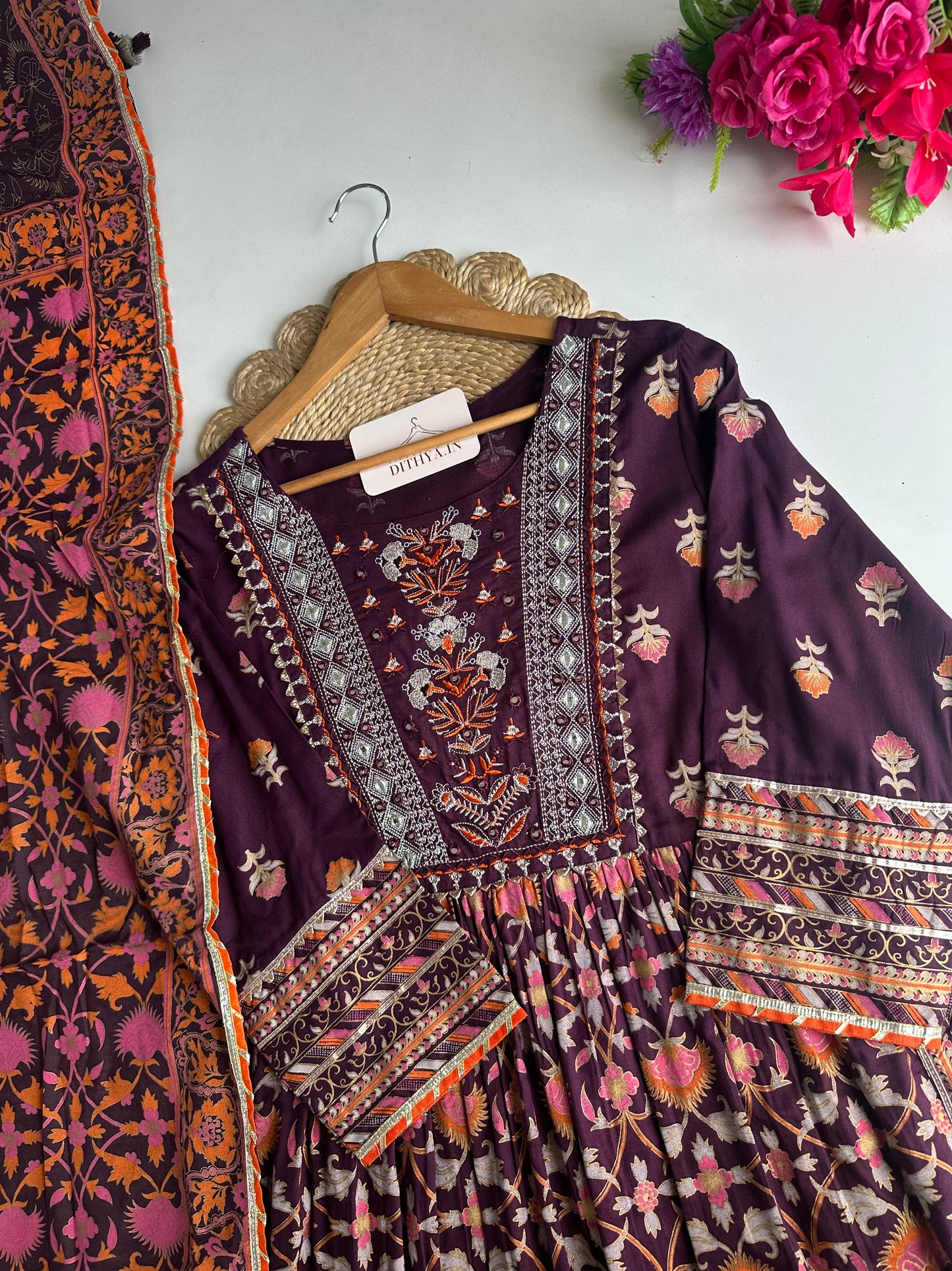 D604-Cotton Anarkali with pants and dupatta
