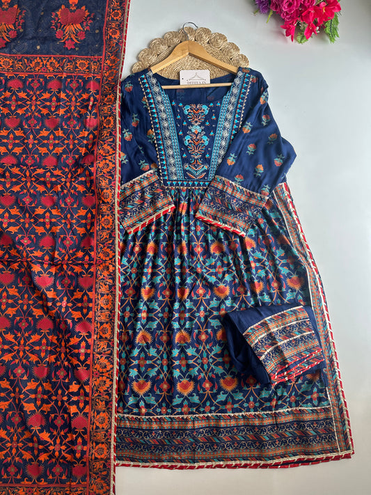 D605-Cotton Anarkali with pants and dupatta