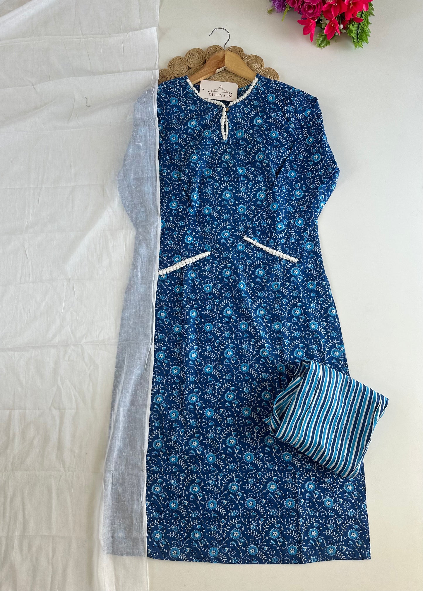 D606-Cotton straight Kurti with pants and dupatta