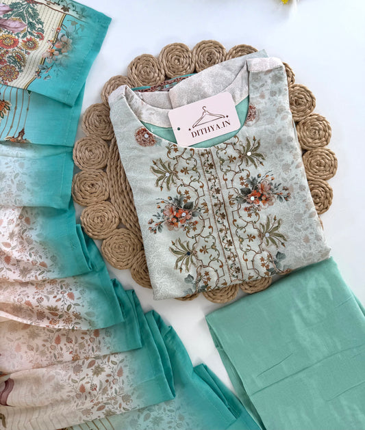 K518 - Rayon printed straight Kurti with pants and dupatta