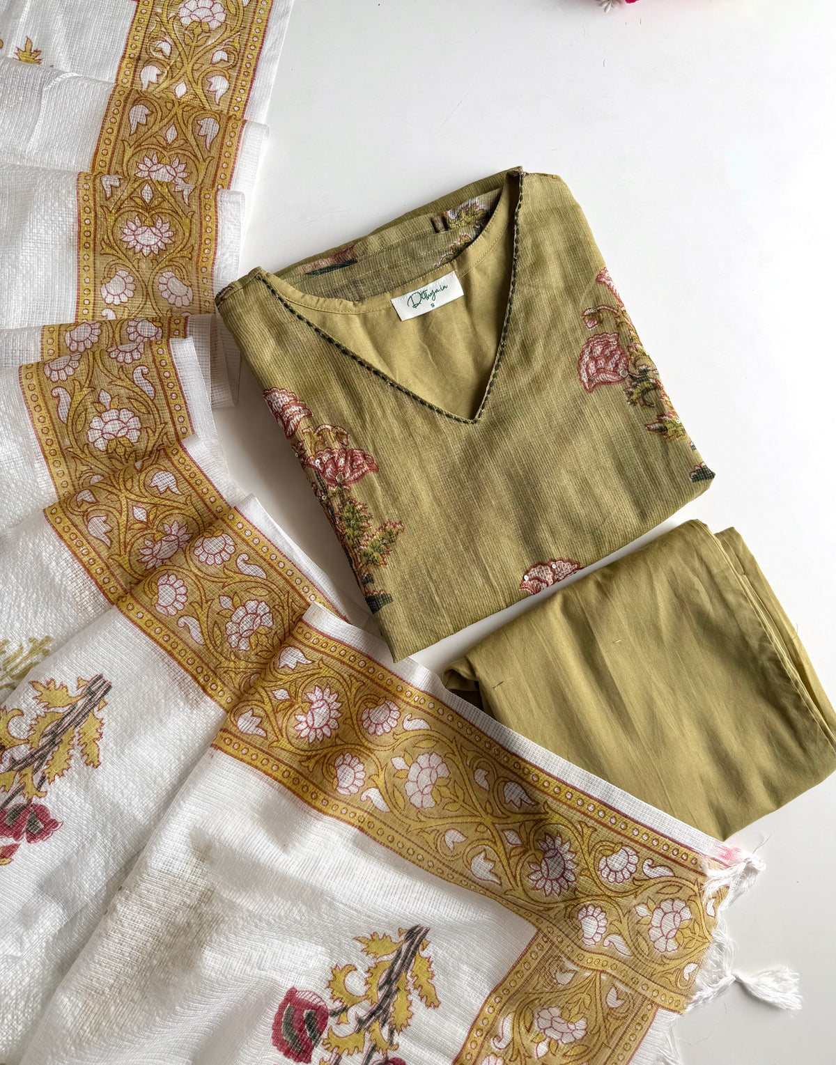 K601-Kota doriya embroidered straight Kurti with pants and dupatta