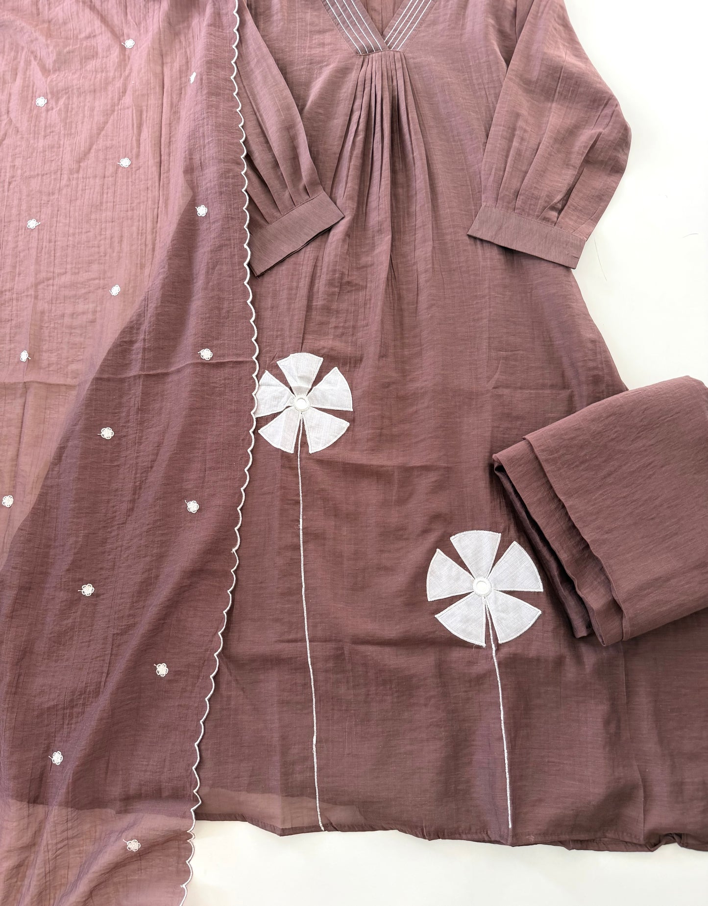 K532 - Muslin silk embroidered Aline Kurti with pants and dupatta in 2 colours