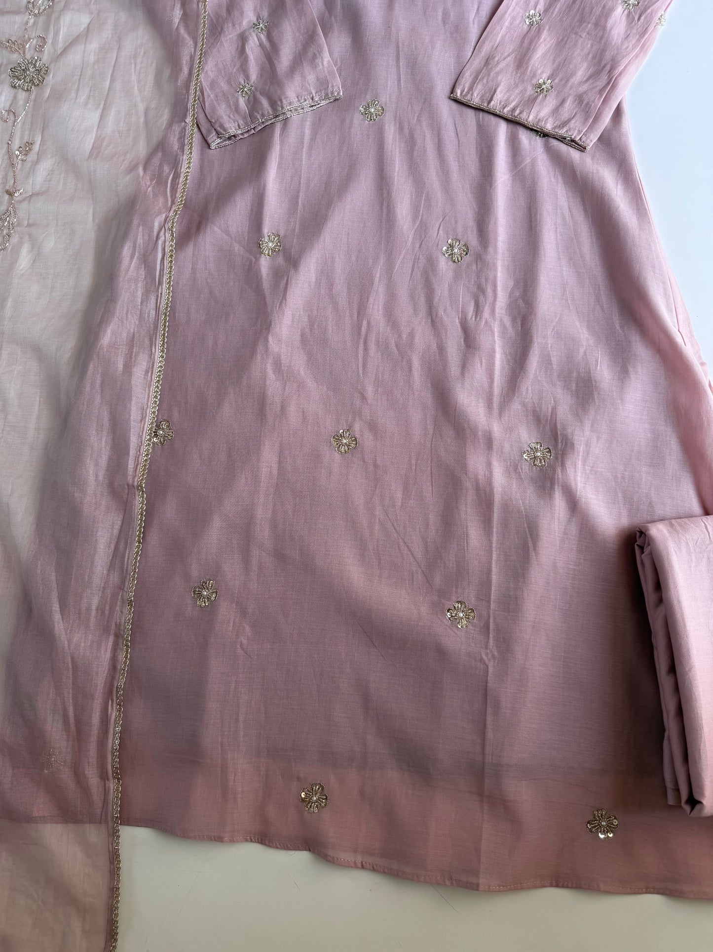 K245 - Mul chanderi handwork aline Kurti with pants and dupatta