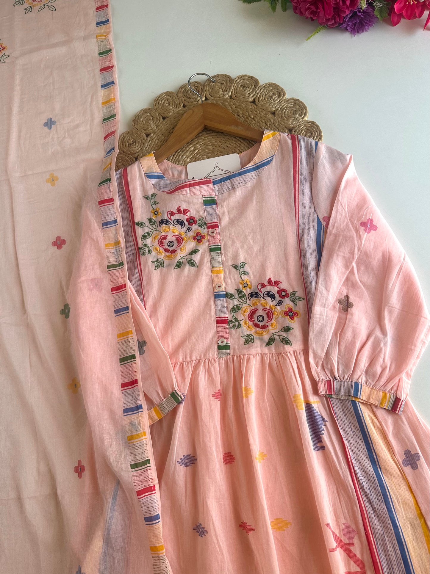 K220 - Mul cotton embroidered Anarkali with pants and dupatta