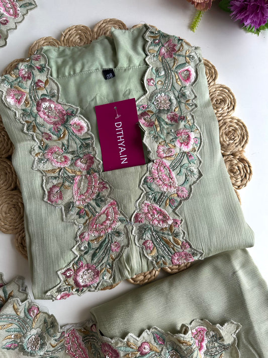 K177 - Chinnon Handwork Aline Kurti pant and dupatta