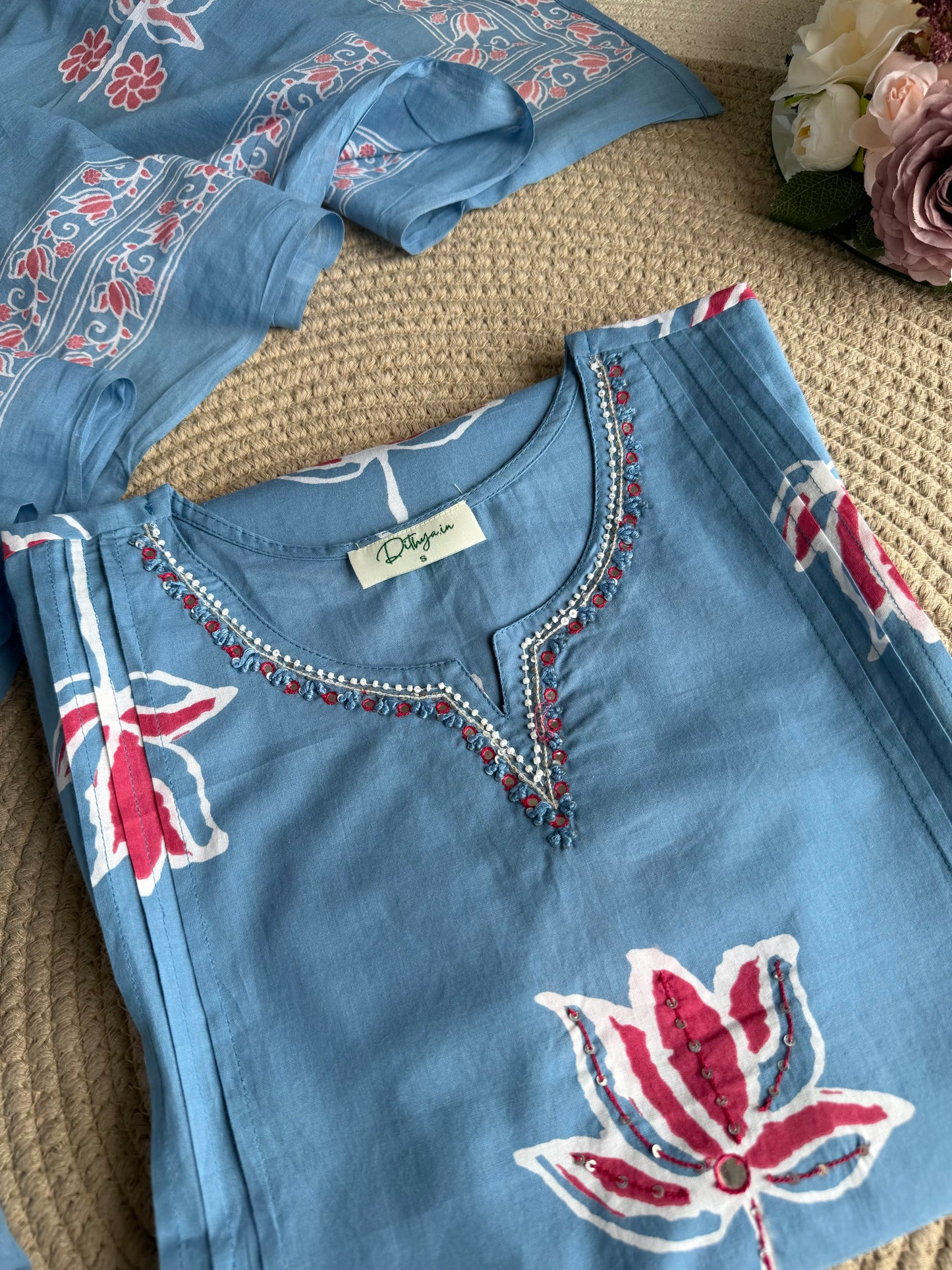 K164 - Mul cotton embroidered Aline Kurti with pants and dupatta in 3 colours