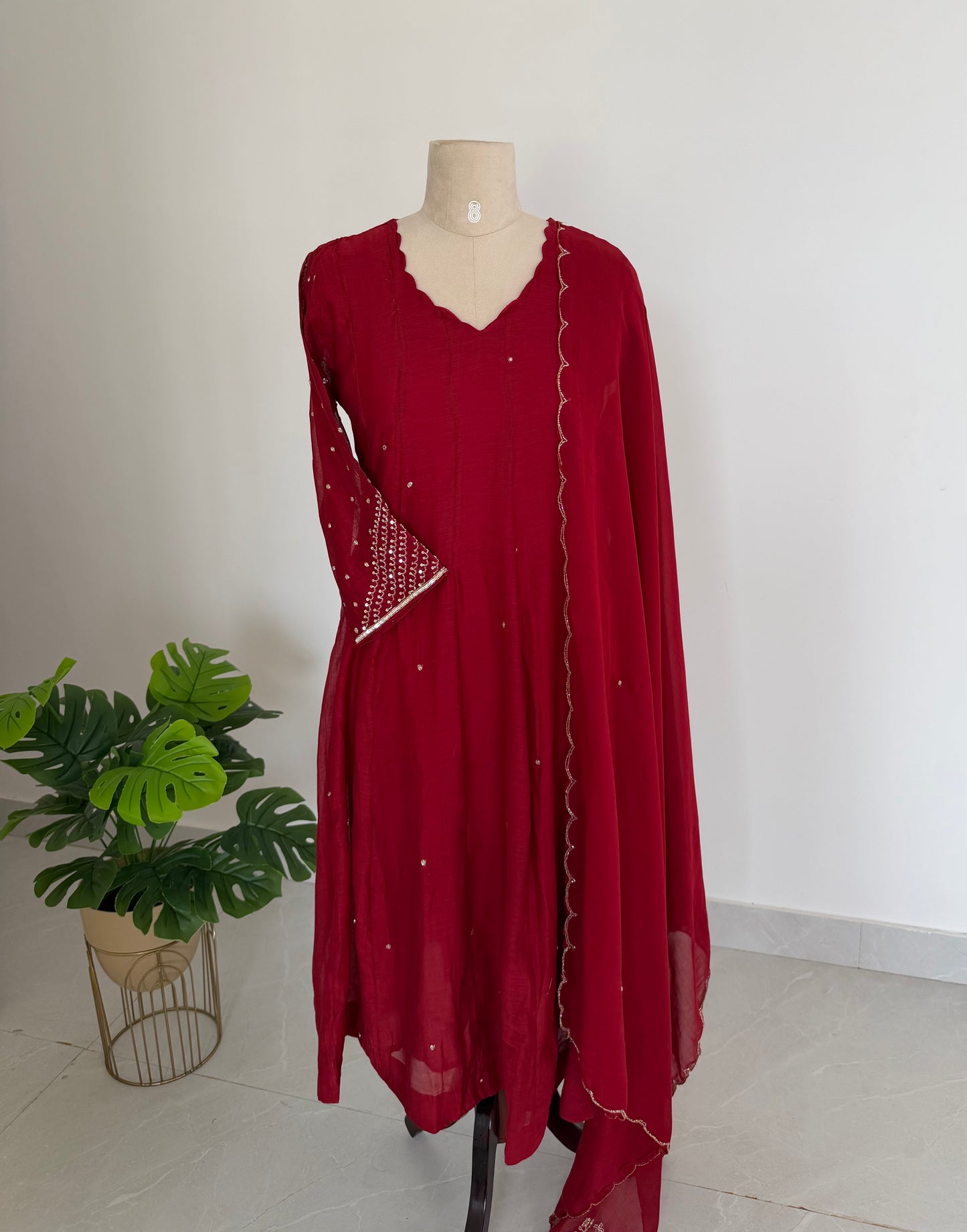 K630 - Mul chanderi handwork aline Kurti with pants and dupatta