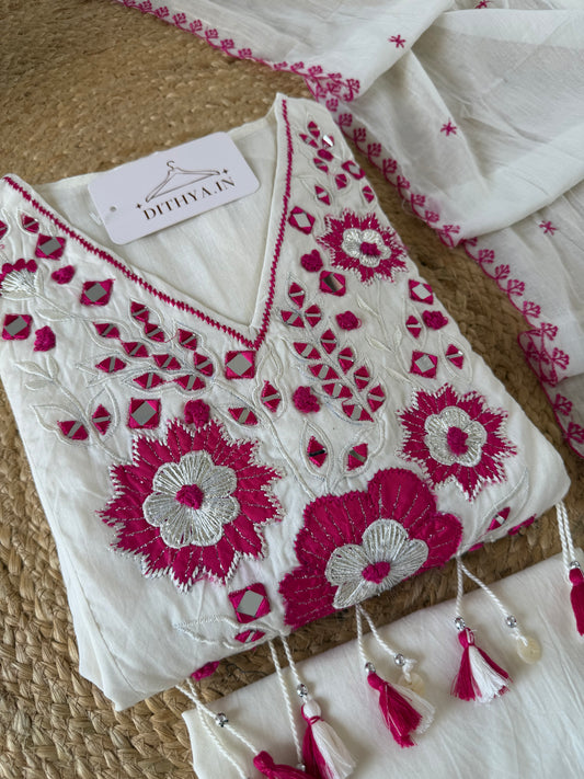 K591 - Mulmul cotton embroidered Anarkali with pants and dupatta