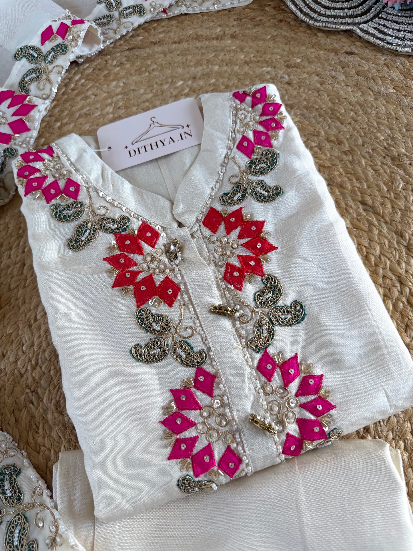 K187 - Russian silk handwork straight Kurti with pants and dupatta
