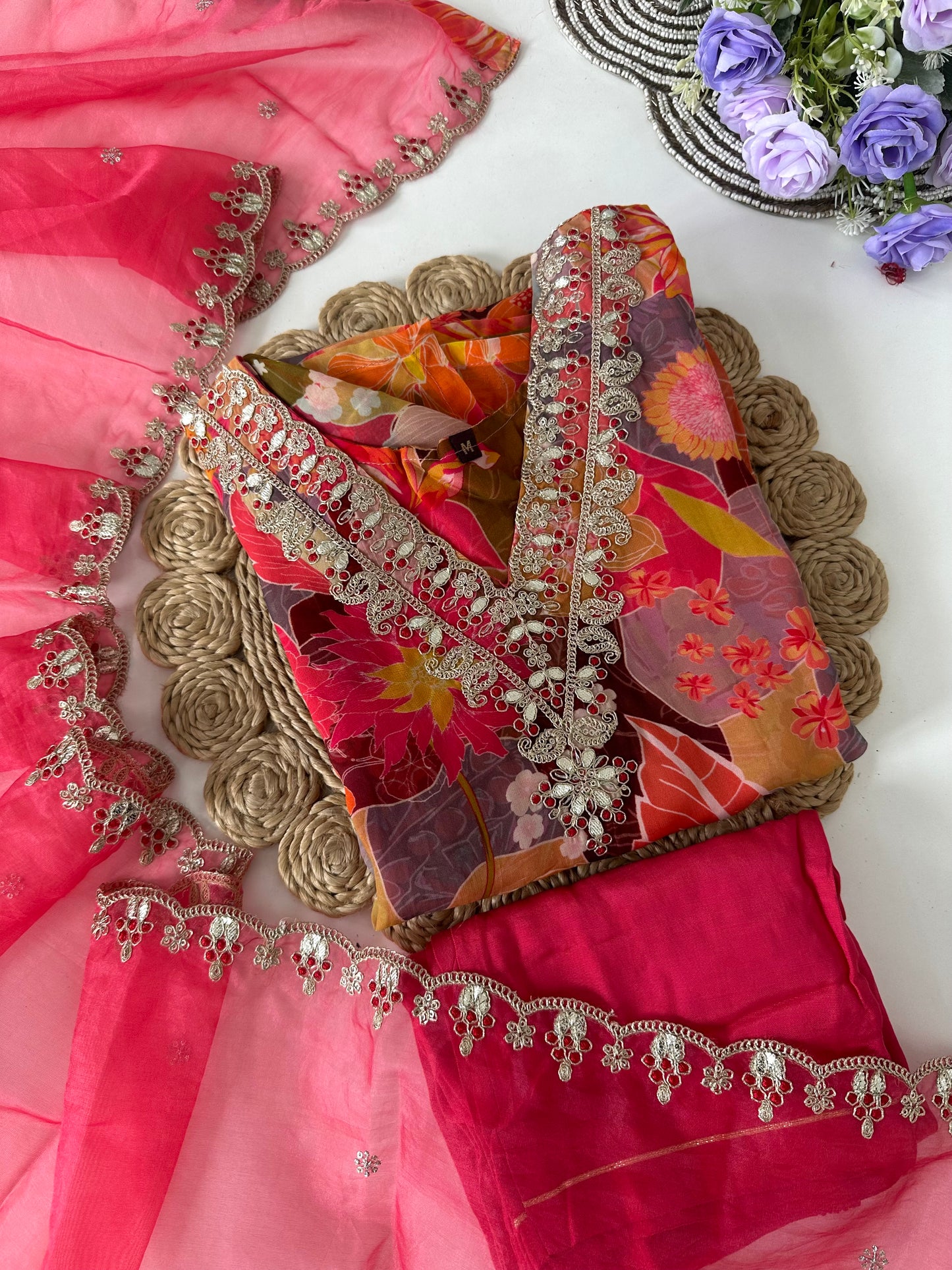 D051 -Viscose organza straight kurti with pants and dupatta