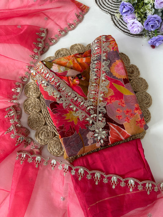 D051 -Viscose organza straight kurti with pants and dupatta