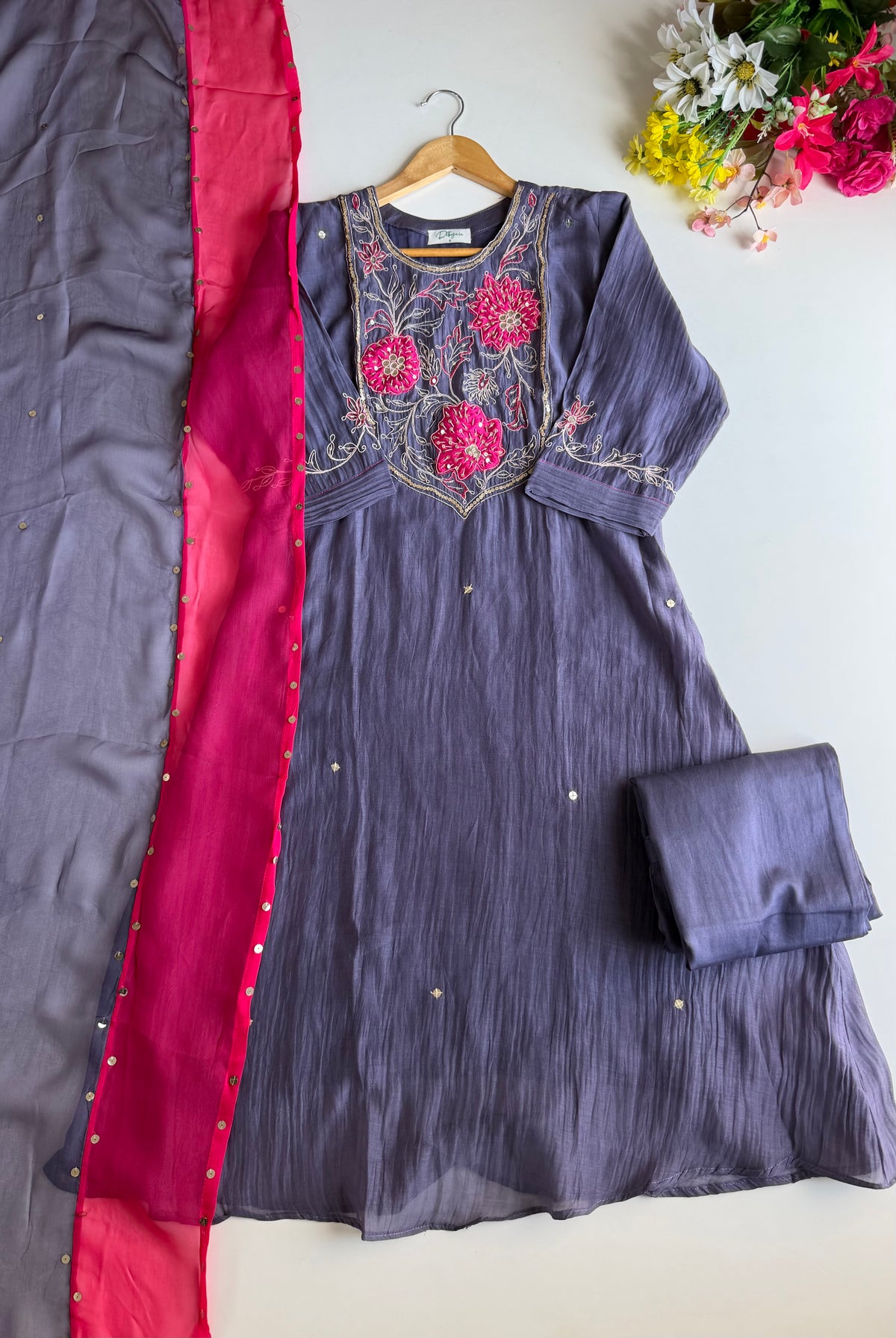 K132 - Pure Banarasi Mul chanderi handwork aline Kurti with pants and dupatta