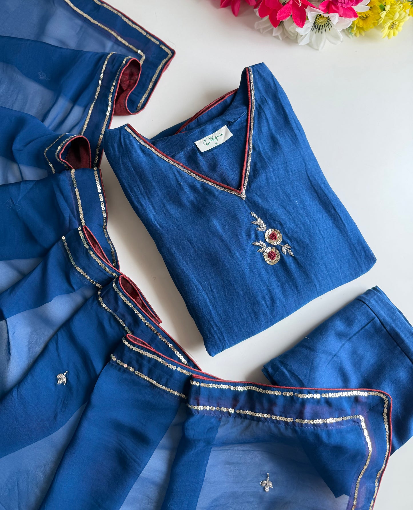 K444 - Mul chanderi handwork Aline Kurti with pants and dupatta