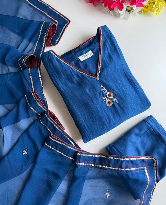 K444 - Mul chanderi handwork Aline Kurti with pants and dupatta