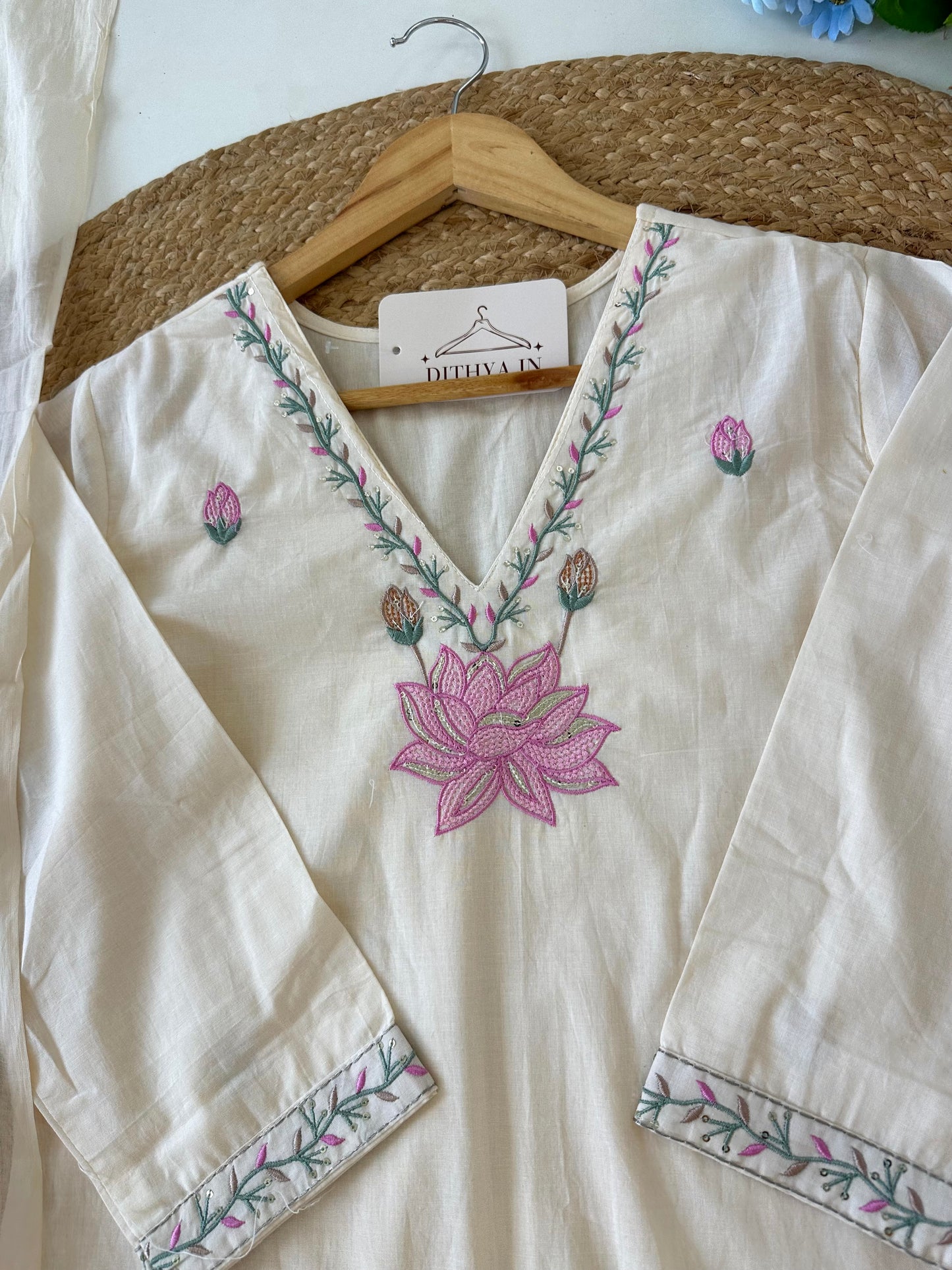 K484 - Mul cotton embroidered straight Kurti with pants and dupatta