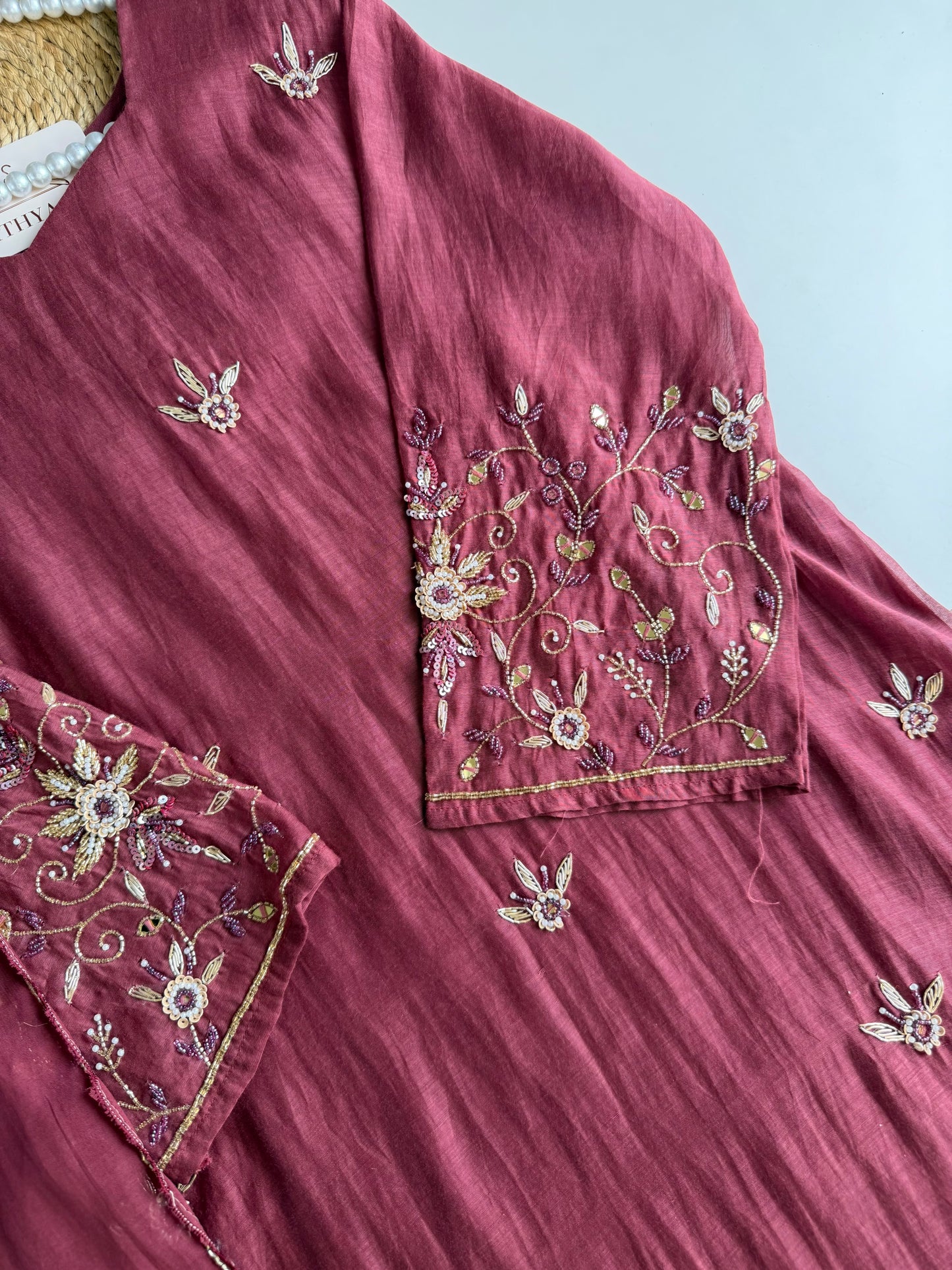 K453 - Mul chanderi handwork aline Kurti with pants and dupatta