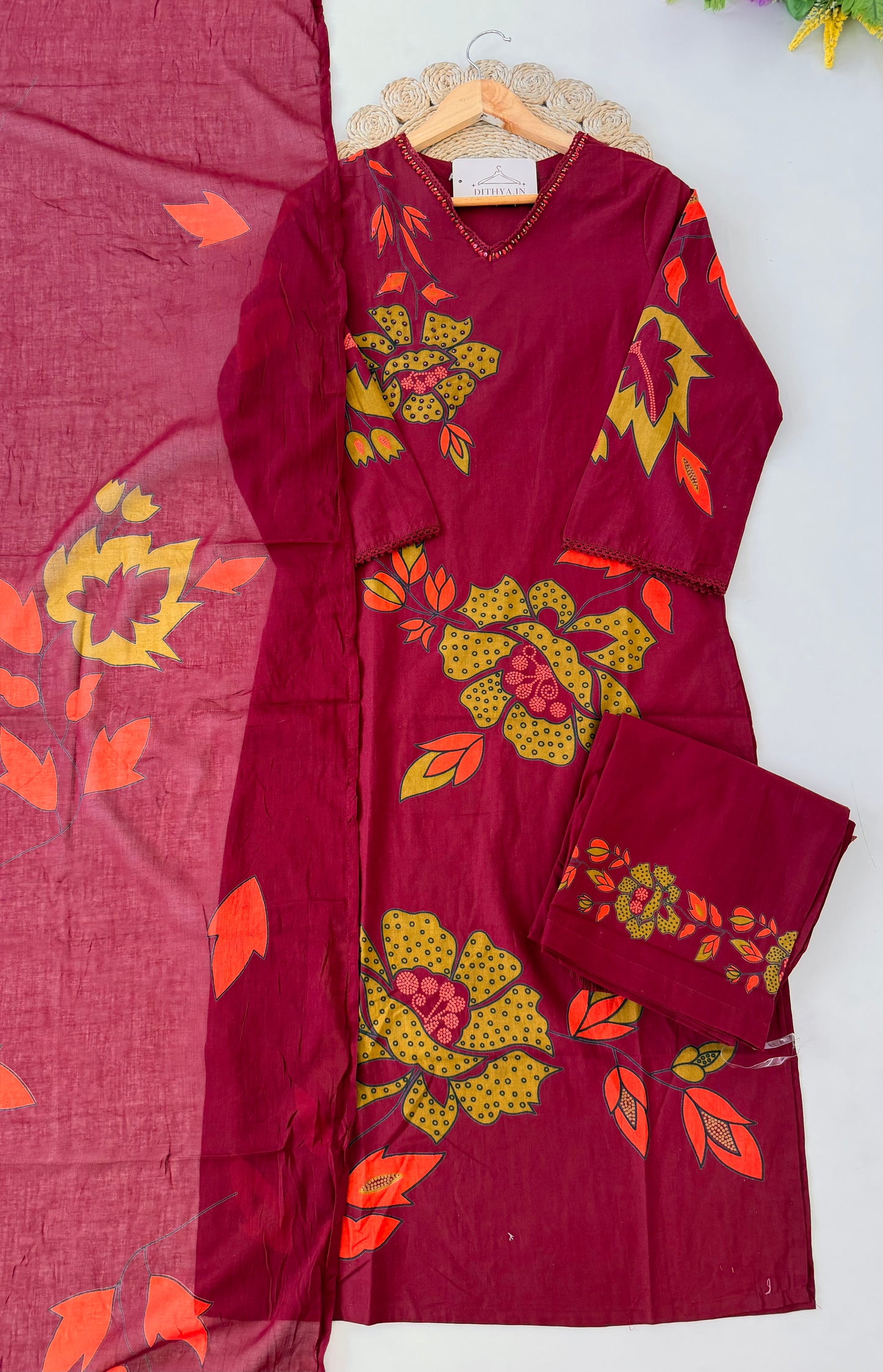 K626 - Mul cotton embroidered straight Kurti with pants and dupatta