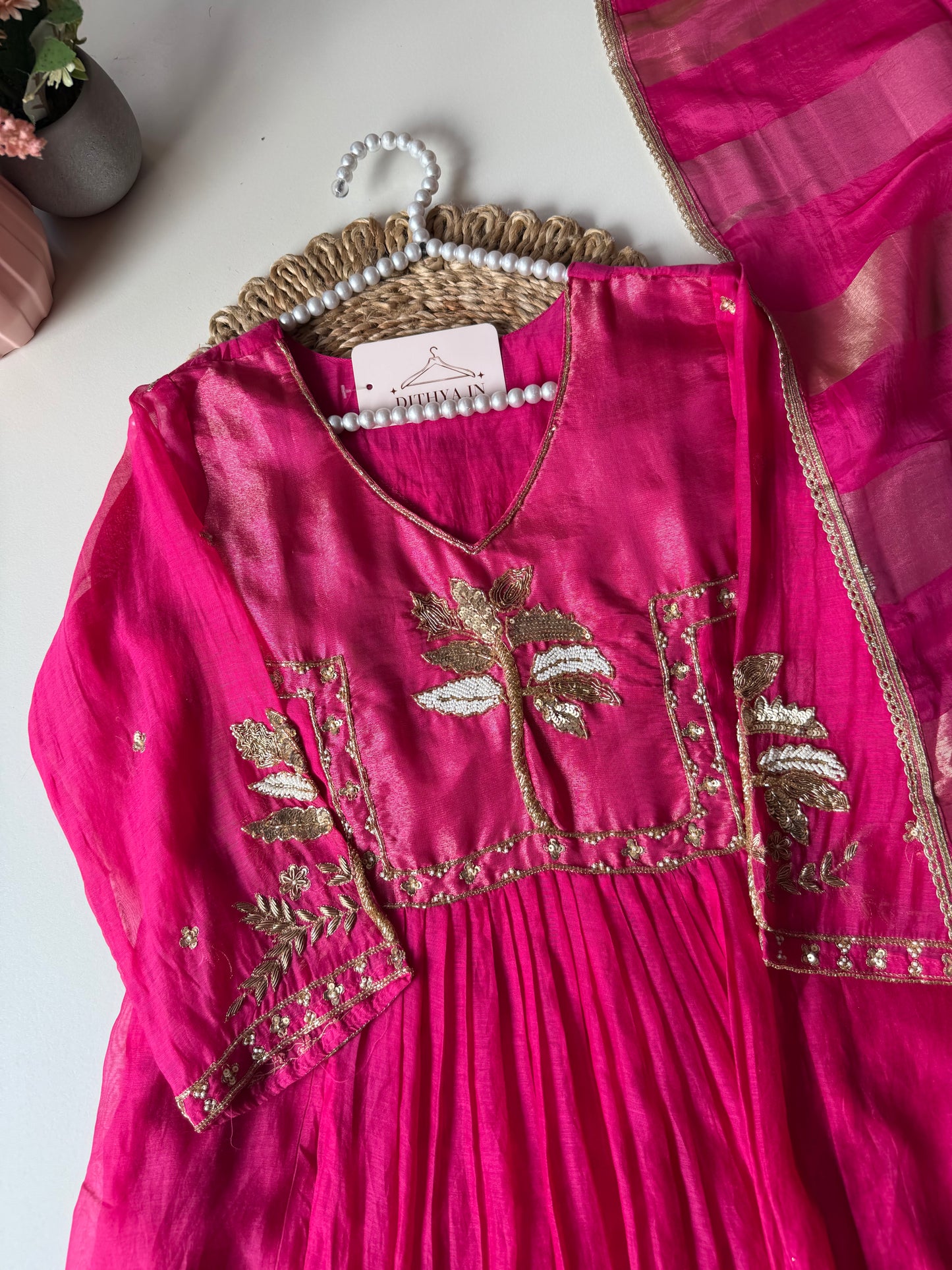 K545 - Mul chanderi handwork Anarkali with pants and dupatta
