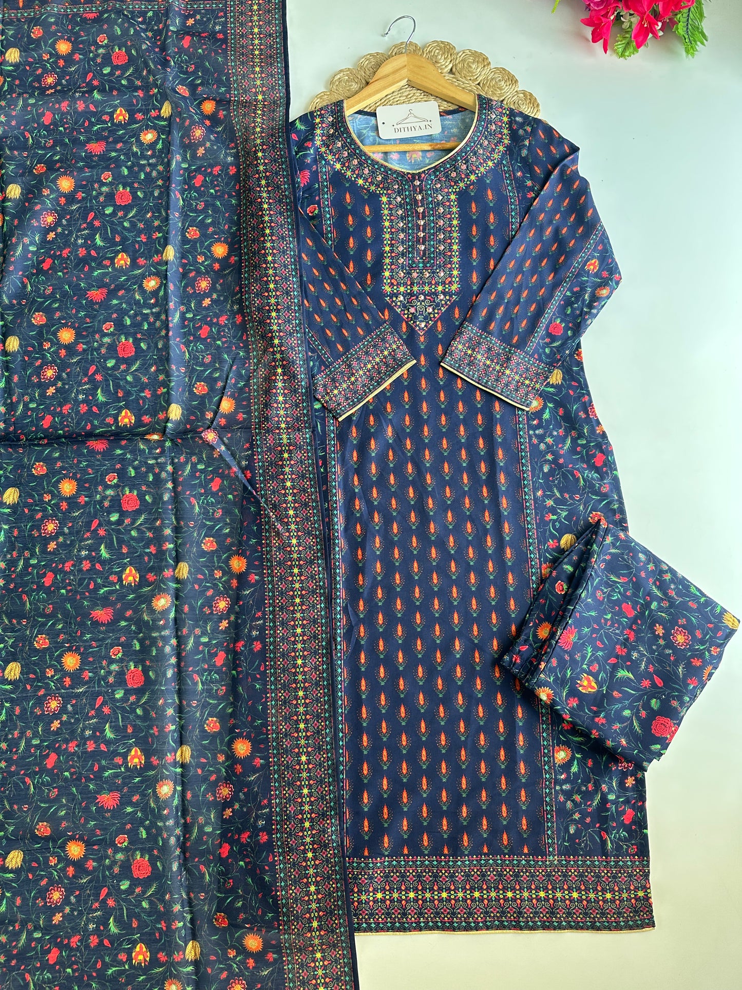 D739-Rayon straight Kurti with pants and dupatta