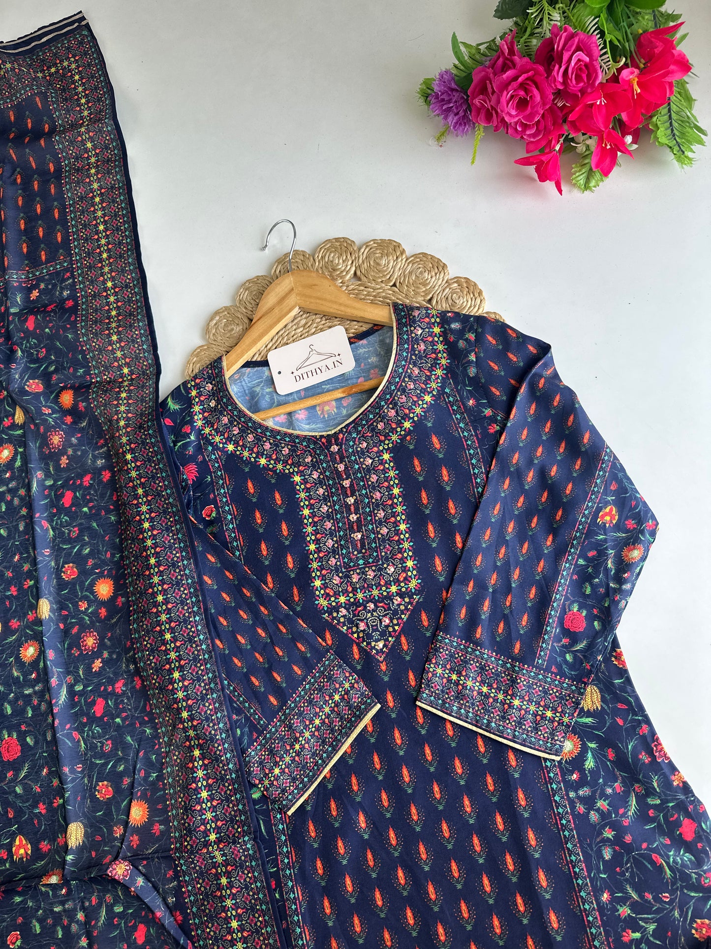 D739-Rayon straight Kurti with pants and dupatta