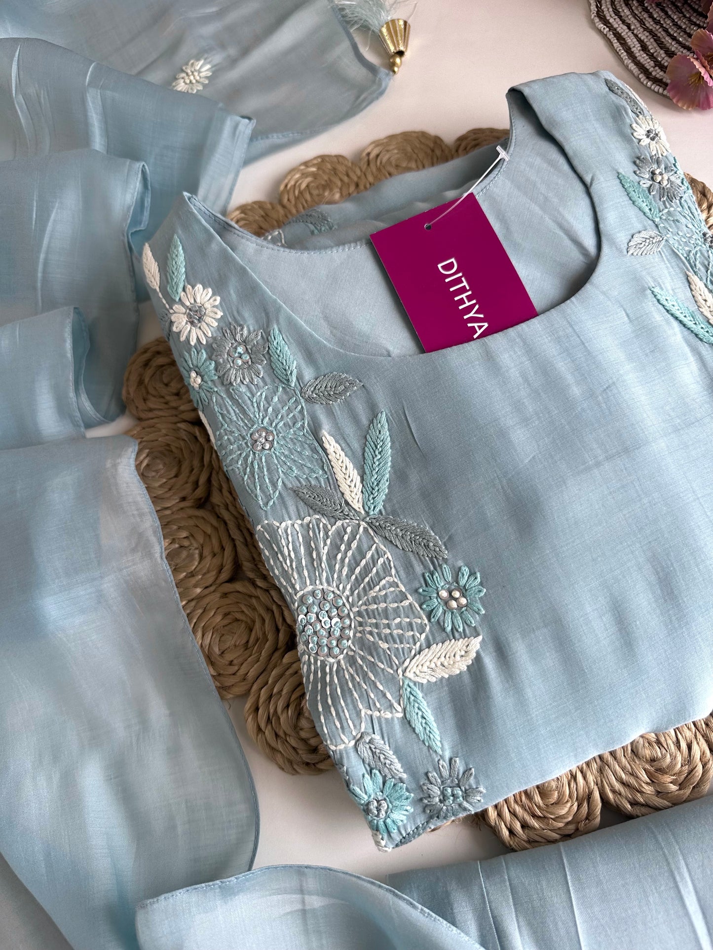 K319 - Mul Chanderi embroidered Aline Kurti with pants and dupatta