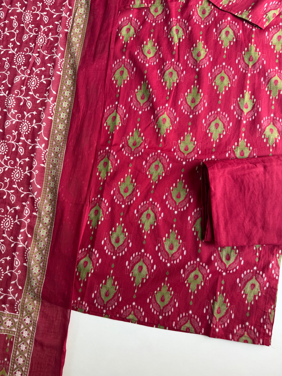 K220 - Mul cotton ajrakh mirror work straight Kurti with pants and dupatta
