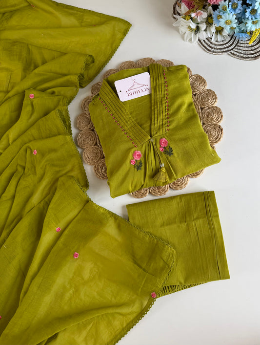 K630 - Mul cotton embroidered Aline Kurti with pants and dupatta