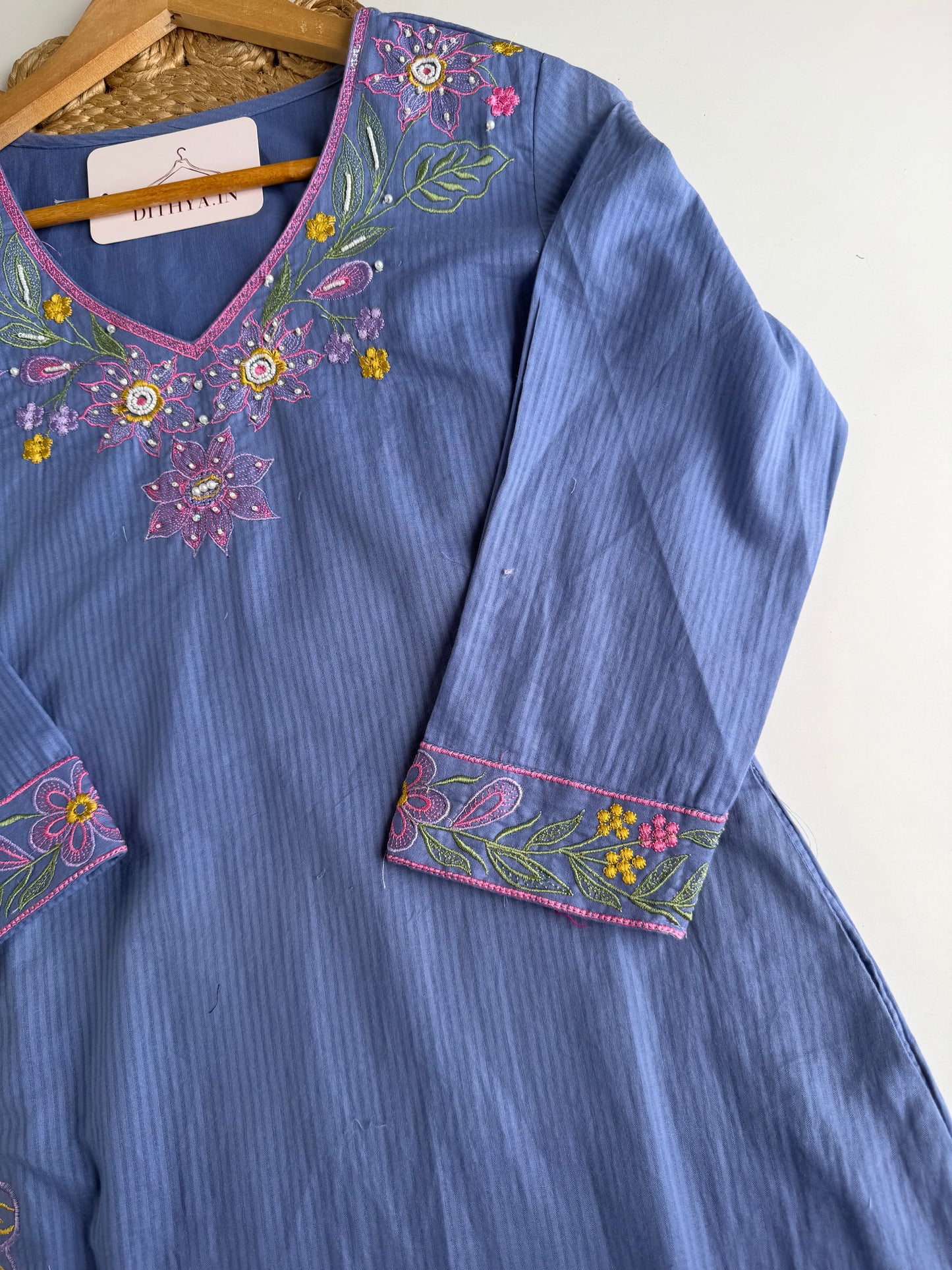 K235 - Mul cotton embroidered Aline Kurti with pants and dupatta
