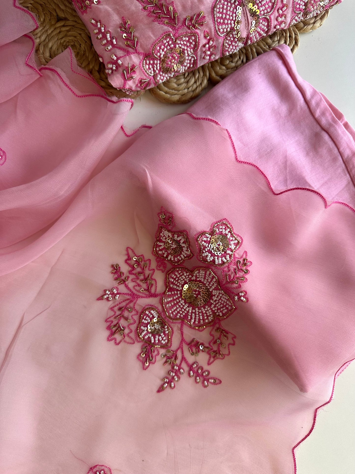 K420 - Mul Chanderi handwork Aline Kurti with pants and dupatta