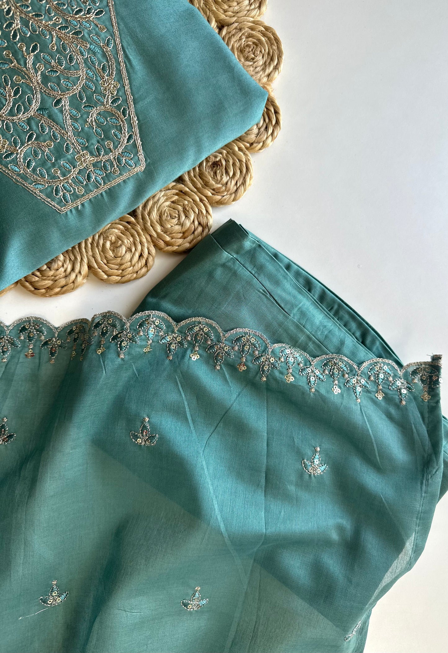 K457 - Roman silk zari work Aline Kurti with pants and dupatta in 2 colours