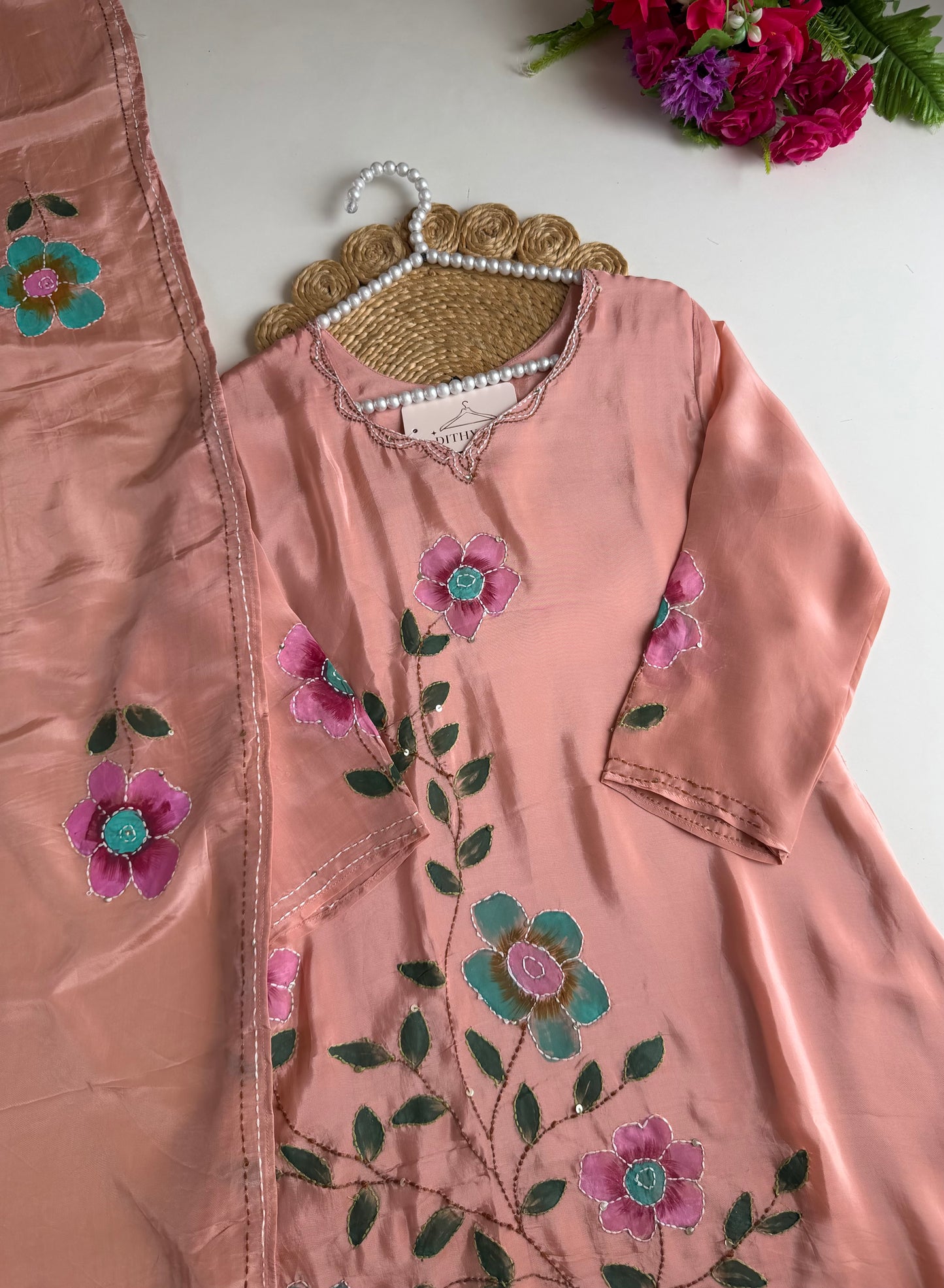 K120 - Pure crape hand painted embroidered Aline Kurti with pants and dupatta