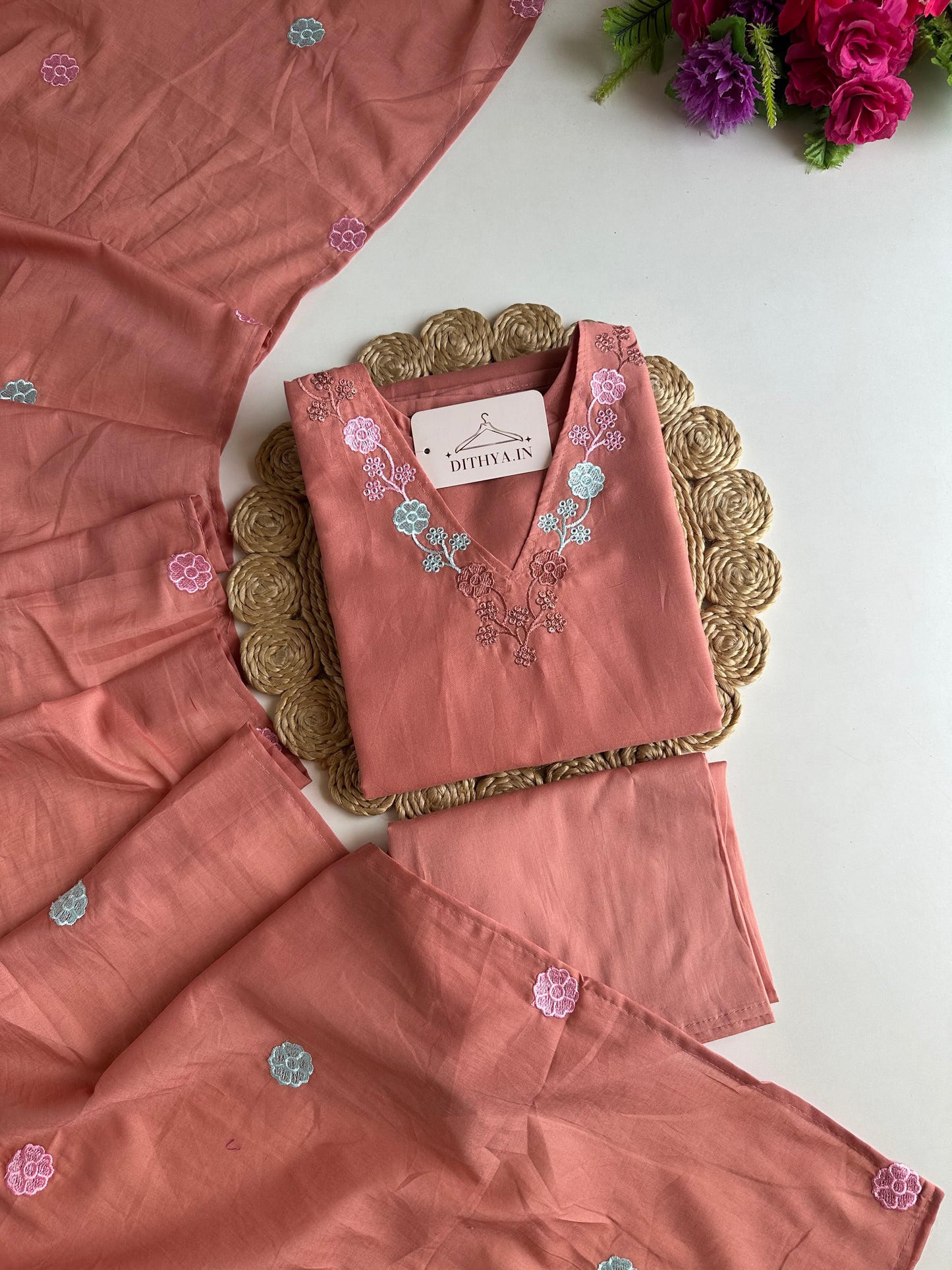 K131 - Mul cotton embroidered straight Kurti with pants and dupatta