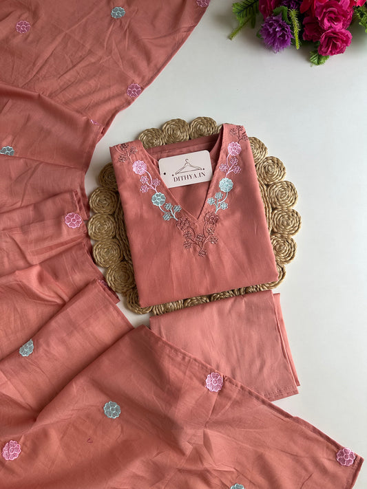 K131 - Mul cotton embroidered straight Kurti with pants and dupatta