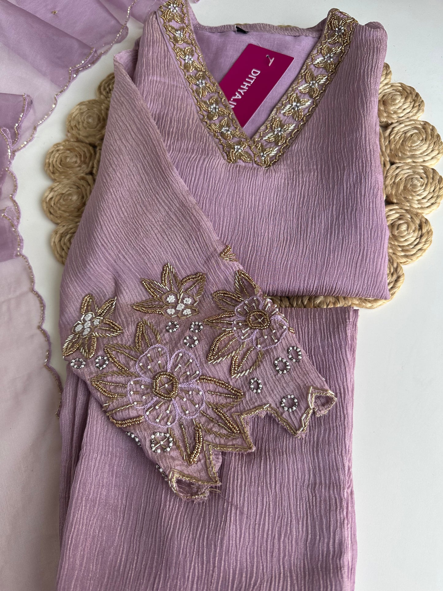 K057 - Crush tissue handwork straight Kurti with pants and dupatta in 2 colours