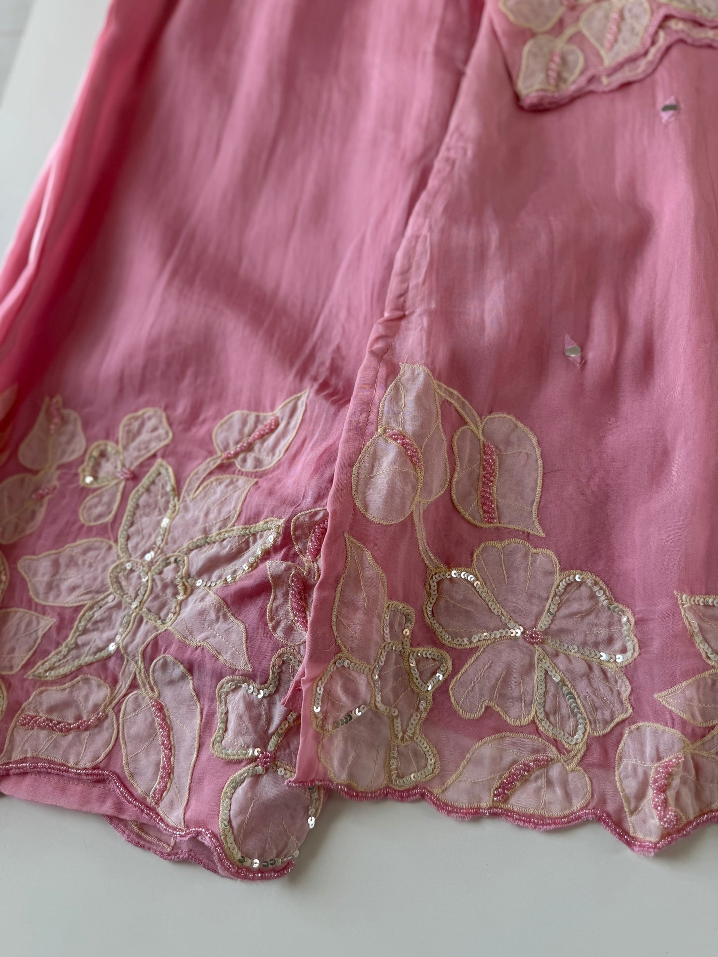 K046 - Viscose organza appliqué handwork short Kurti with divider pants and dupatta