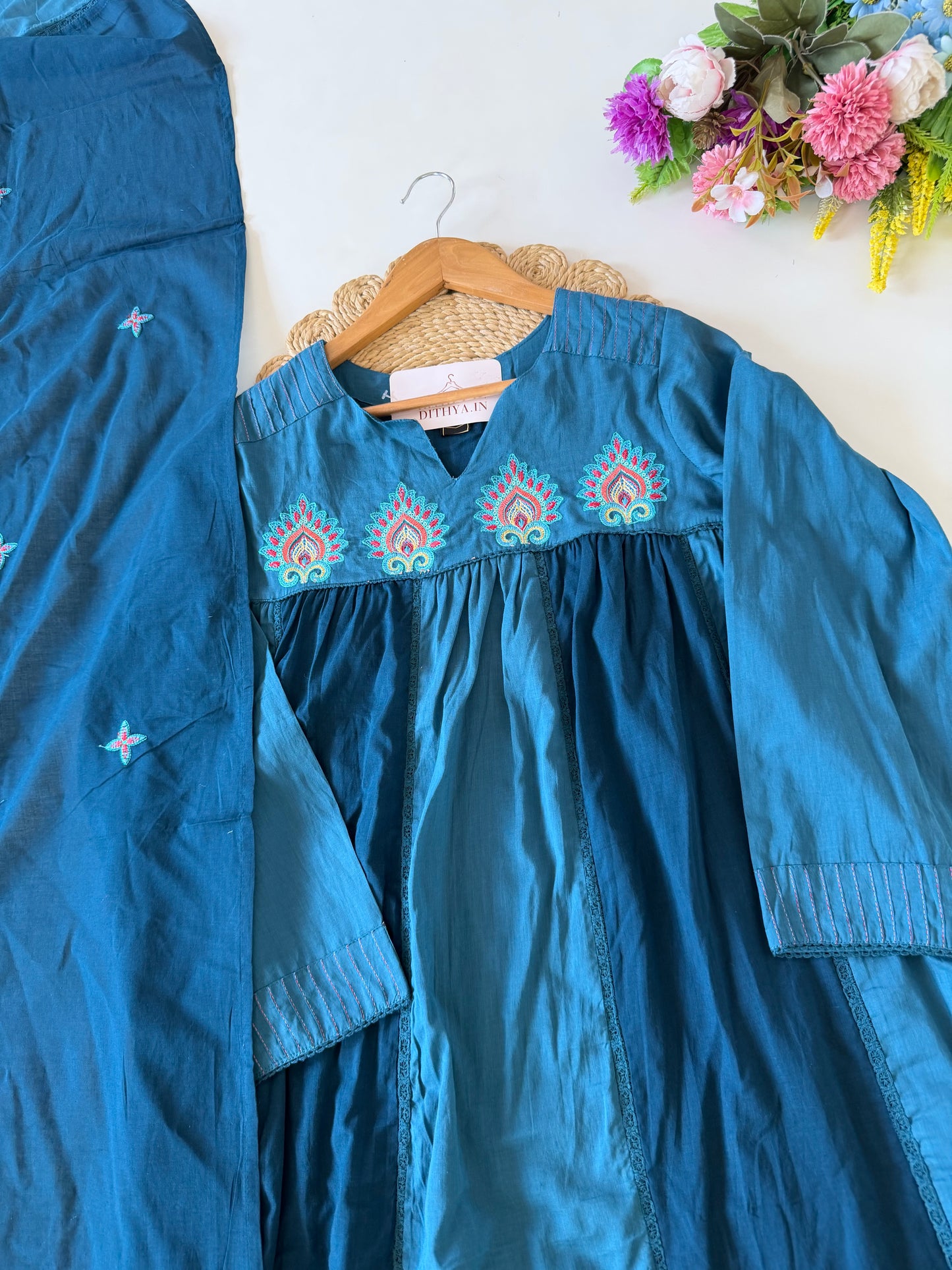 K633 - Mul cotton embroidered Anarkali with pants and dupatta