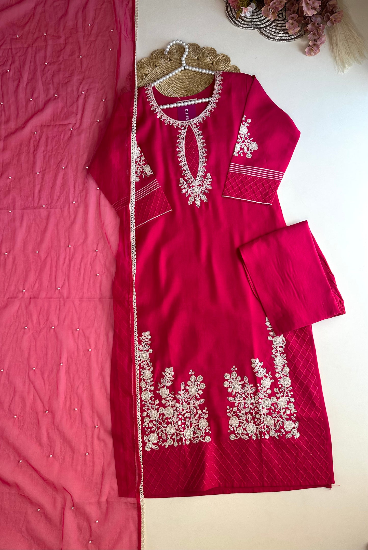 K459 - Roman silk embroidered straight Kurti with pants and dupatta