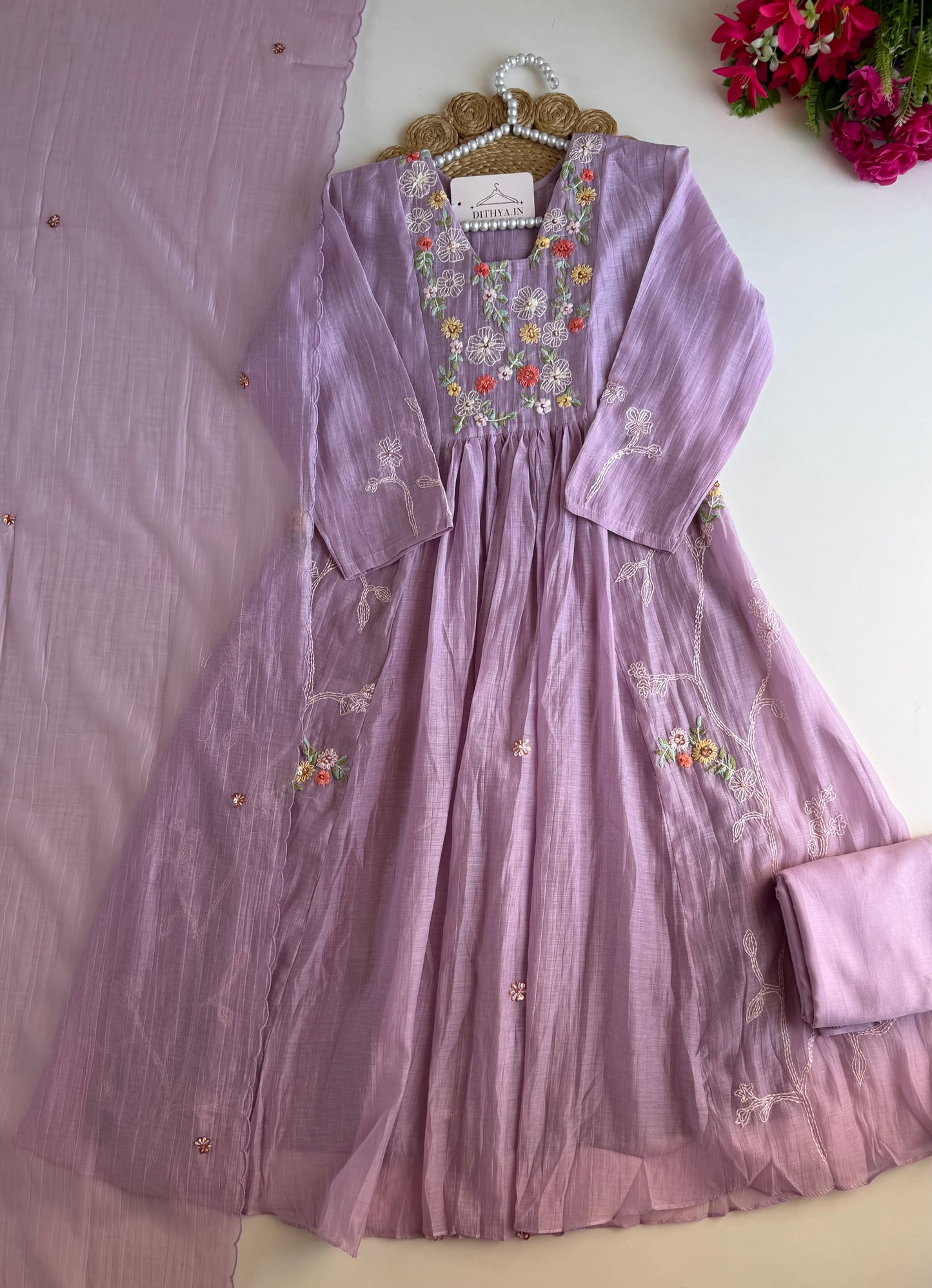 K336 - Mul chanderi embroidered Anarkali with pants and dupatta