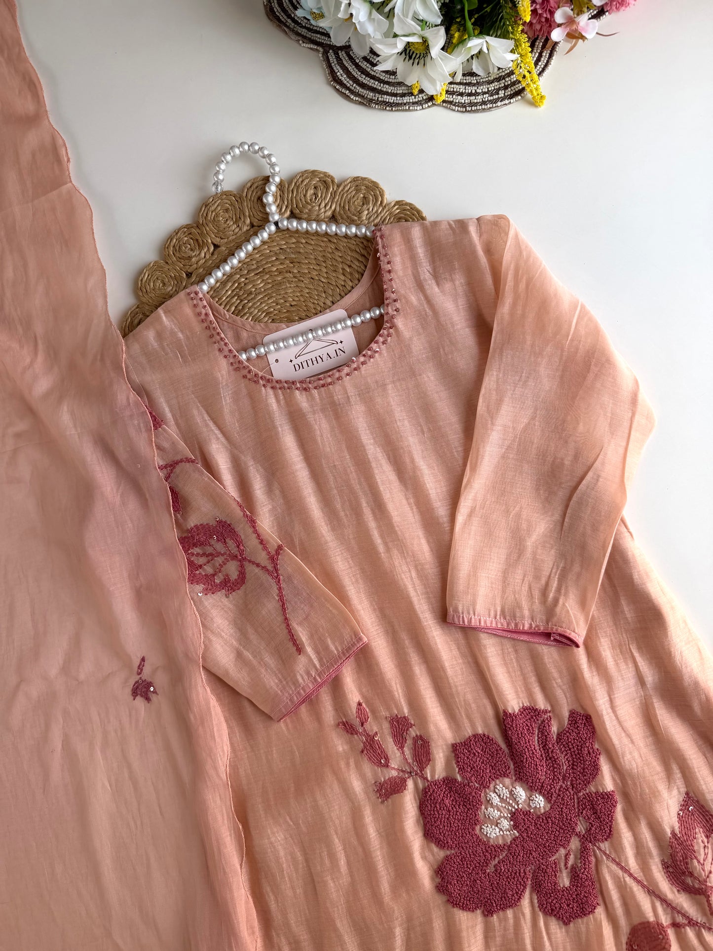 K650 - Mul chanderi embroidered Aline Kurti with pants and dupatta