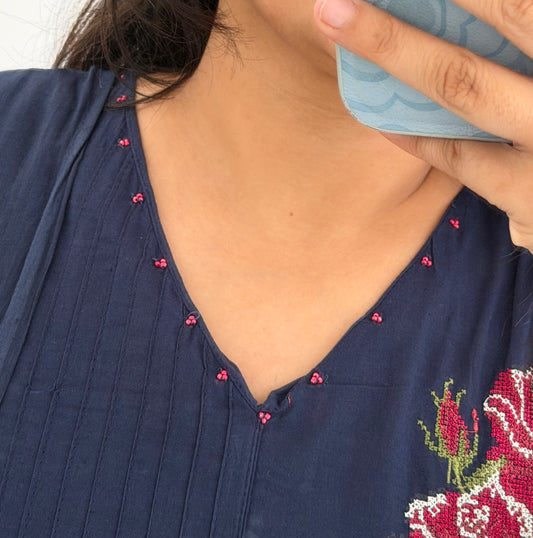 K576 - Mul cotton embroidered straight Kurti with pants and dupatta