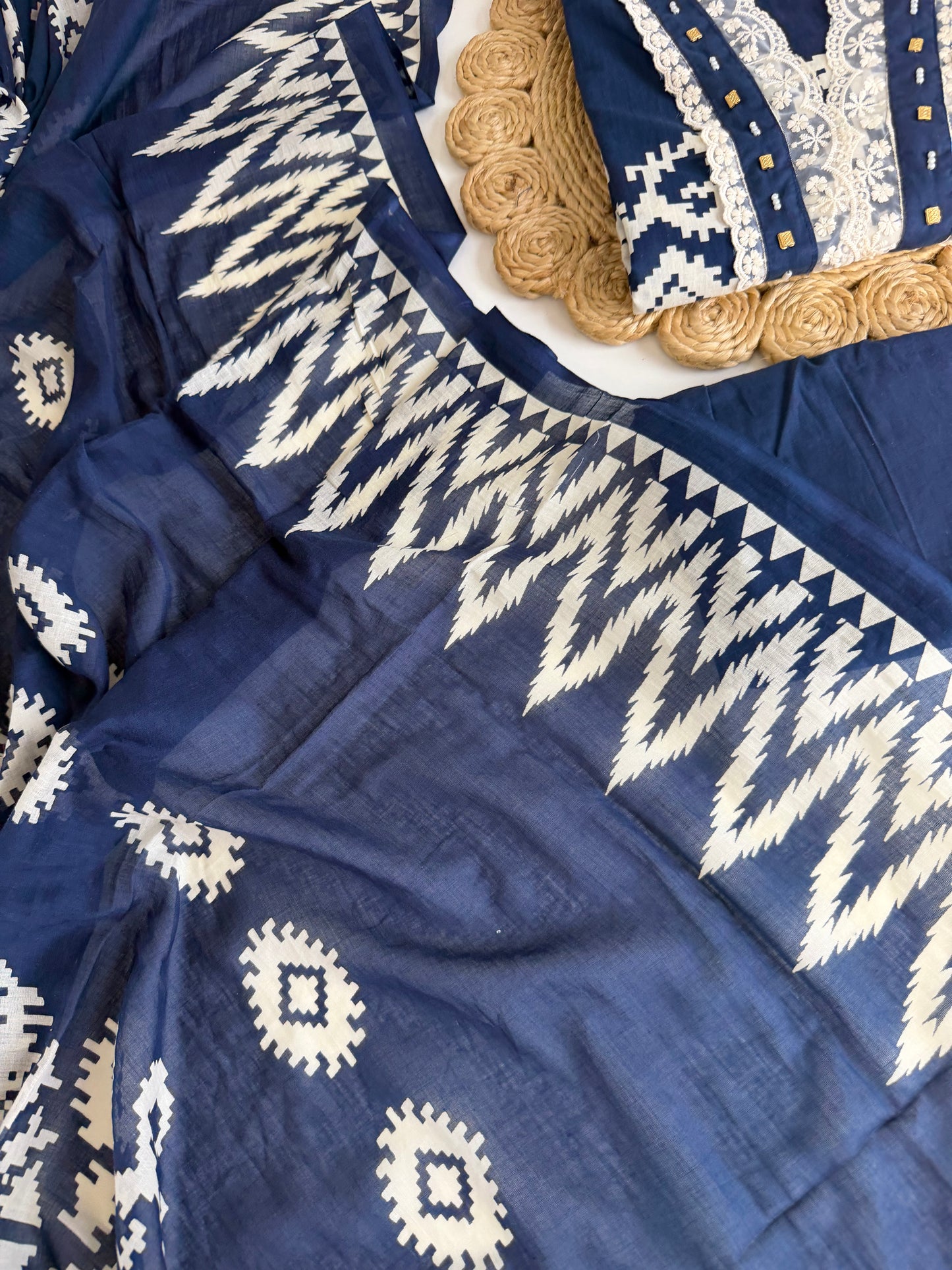 K648 - Mul cotton embroidered straight Kurti with pants and dupatta