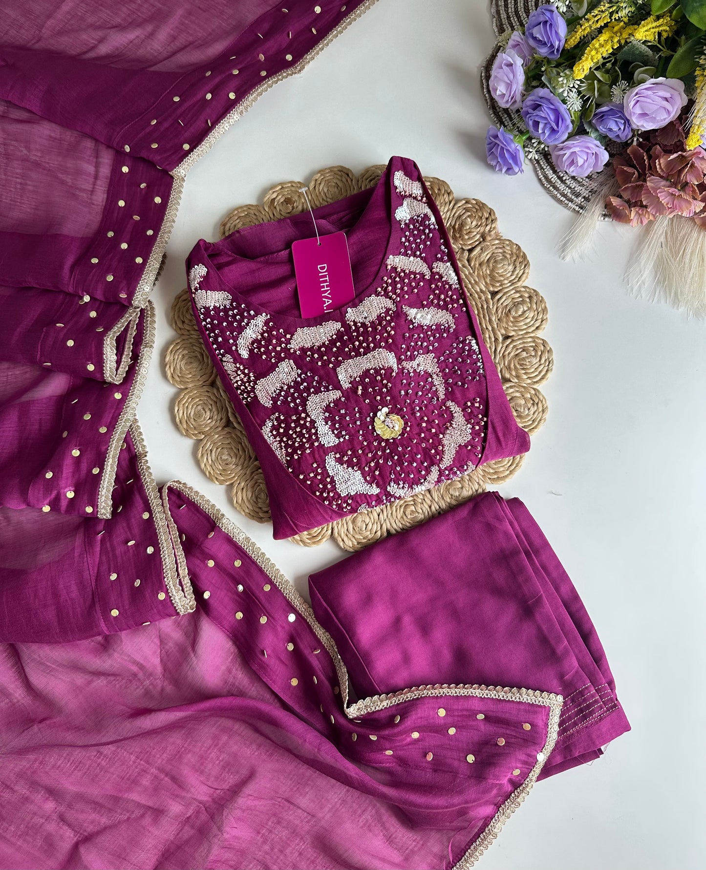 K032 - Pure mul Chanderi handwork Aline Kurti with pants and dupatta in 2 colours
