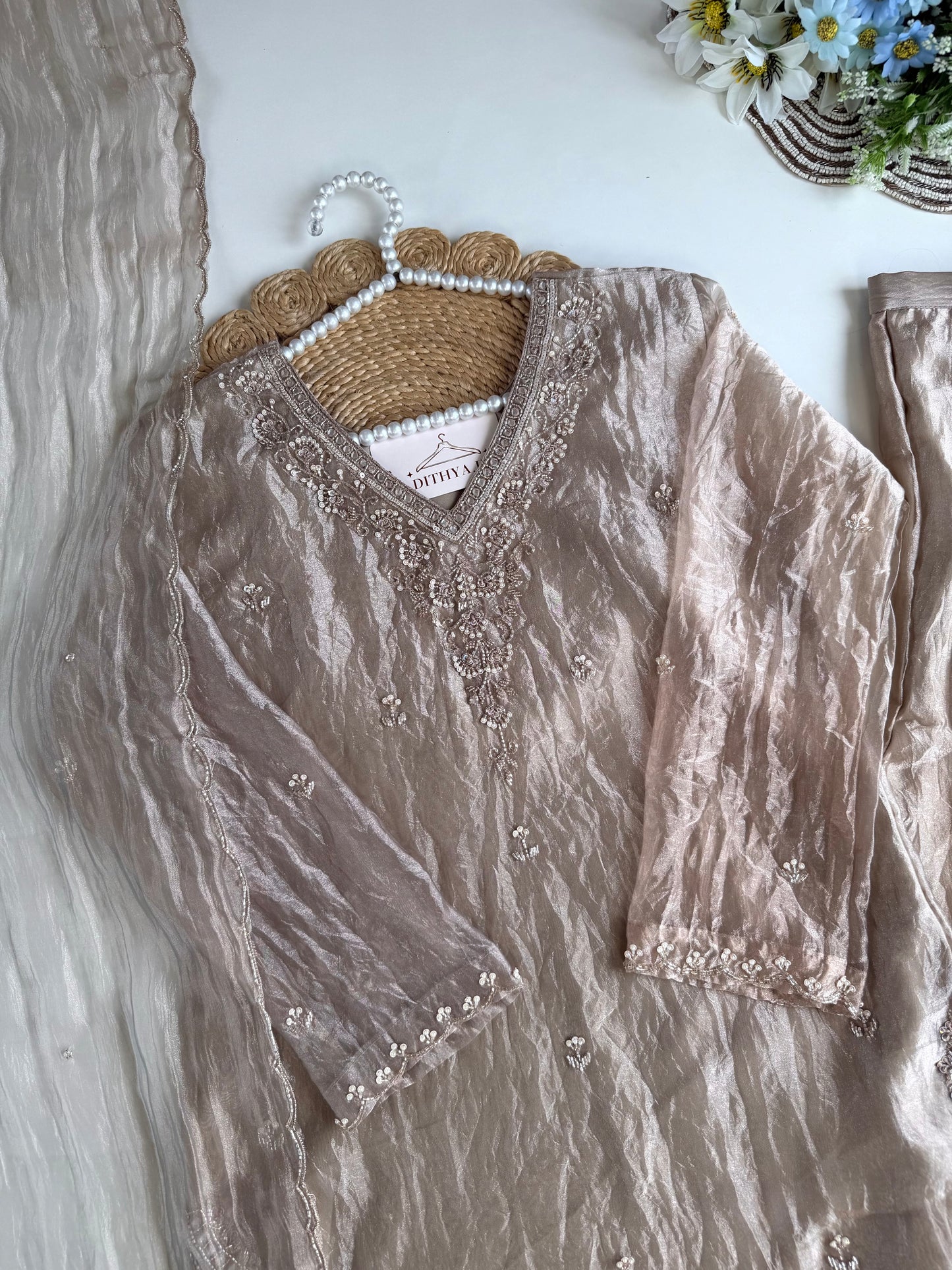 K184 - Crushed glass tissue short Kurti with divider pants and dupatta