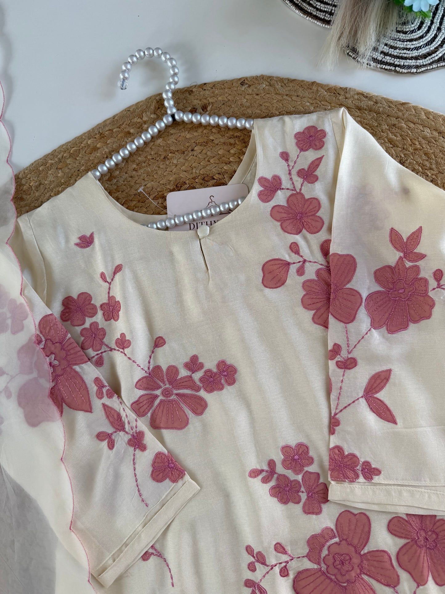 K603 - Russian silk appliqué work straight Kurti with pants and dupatta